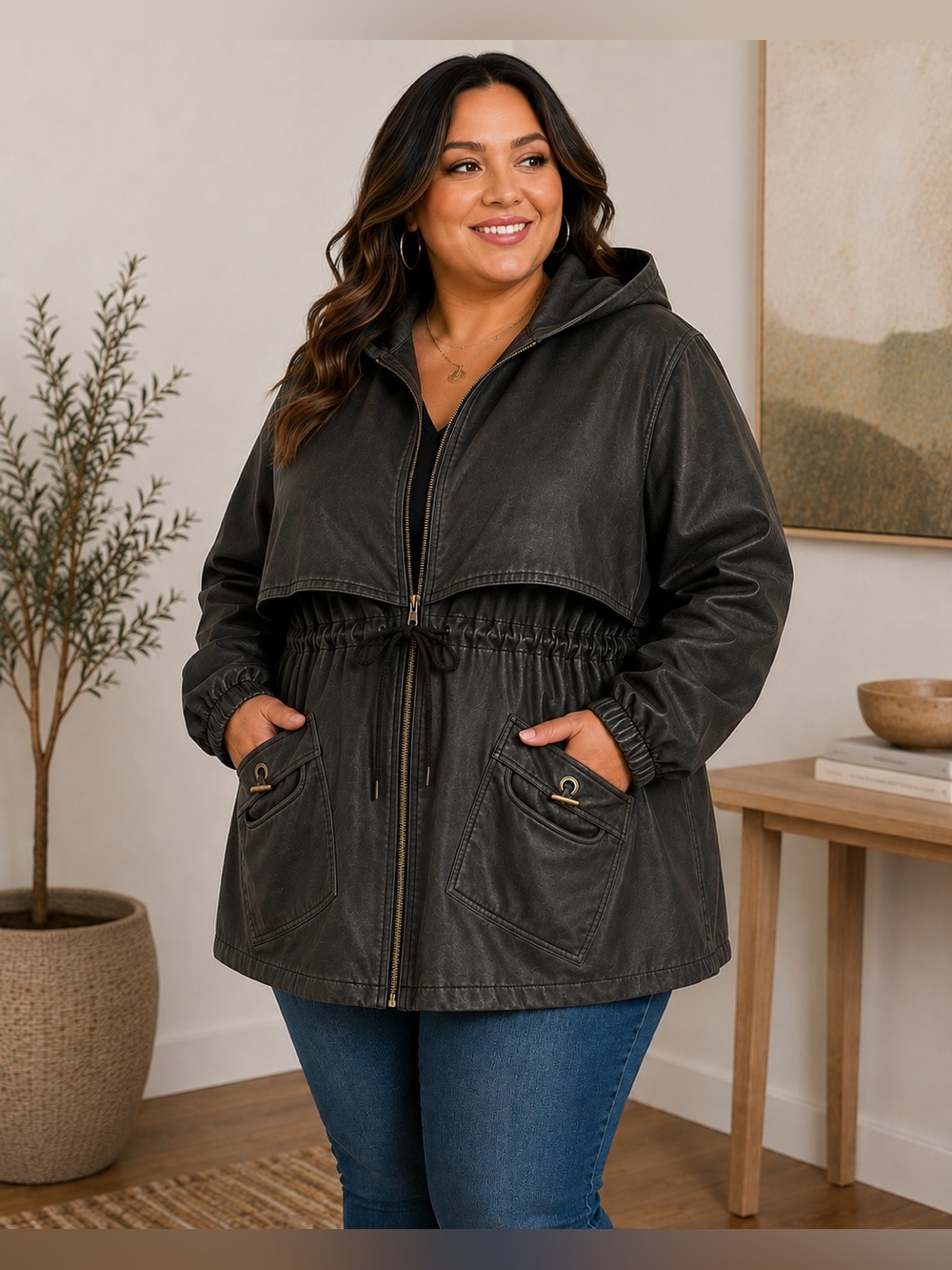 Current Seen 3X Black Leather Look Hooded Parka Jacket Y2K Plus Size 3XG Coat